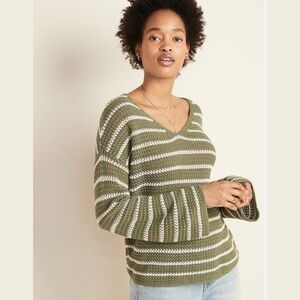 OLD NAVY Cotton Blend Oversize Slouchy Vee Neck Sweater in Olive Stripe Sz XXL